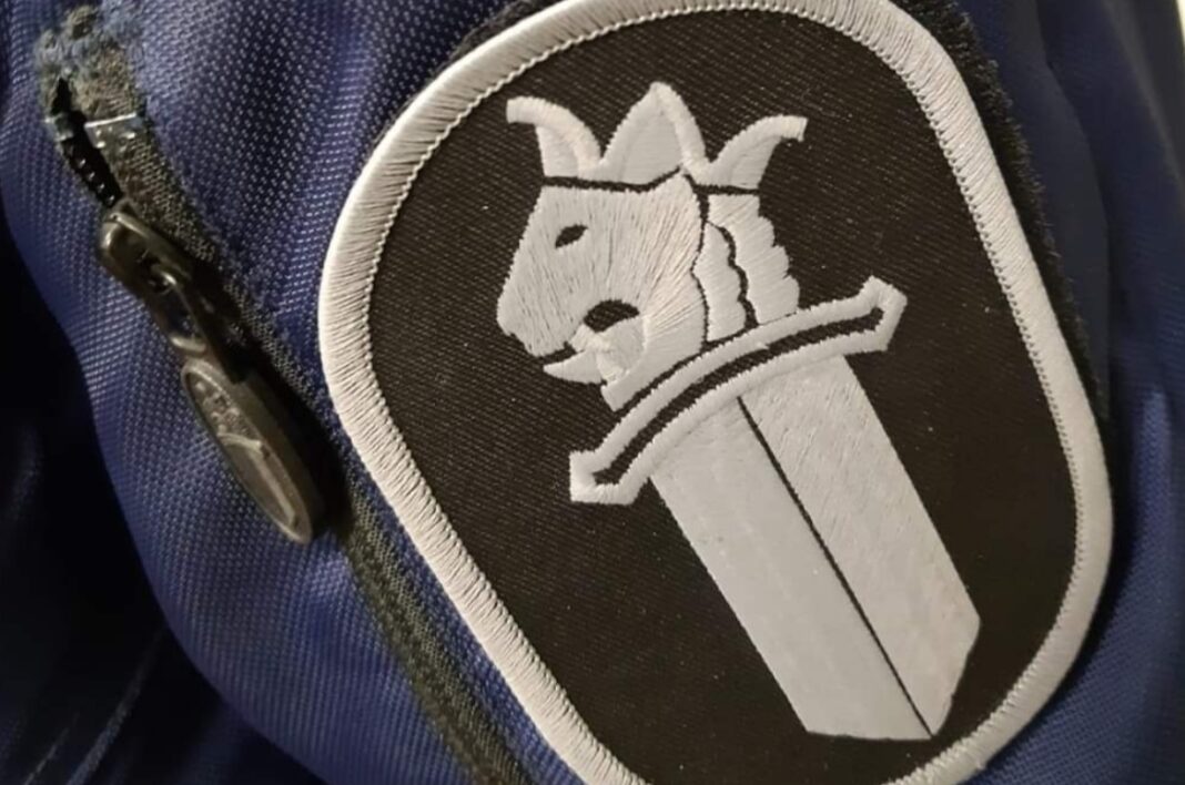 Poliisin miekkaleijona läheltä kuvattuna