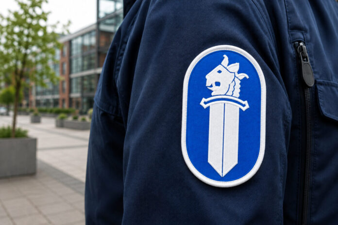 Poliisin sinivalkoinen hihamerkki tummansinisessä virkapuvussa kaupunkiympäristössä, taustalla moderni rakennus ja istutuksia.